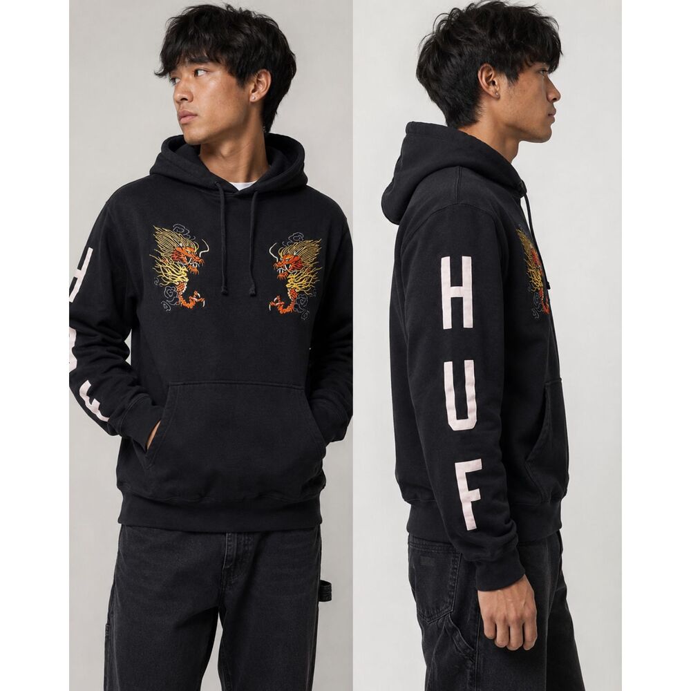 HUF Dragon Embroidered Hoodie Men's S Black Heavyweight Skate Streetwear Logo